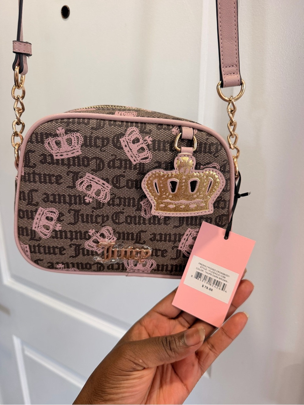 Juicy Couture Brown Monogram Crossbody with Pink Trim & Gold Crown Charm